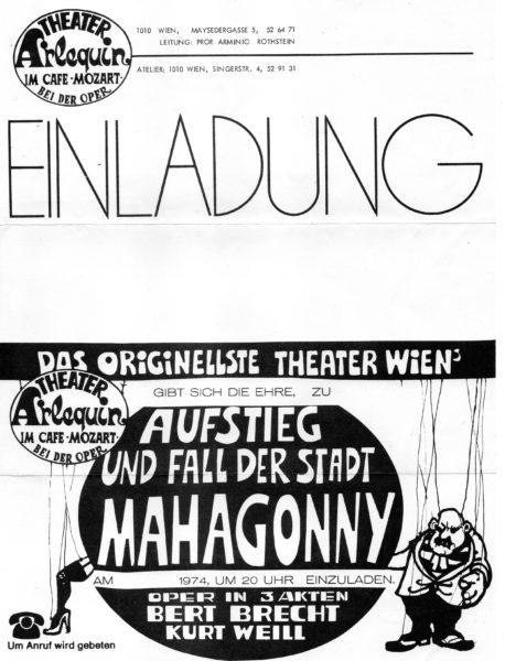 Theater Arlequin Wien: Einladung zur Premiere Aufstieg und Fall der Stadt Mahagonny