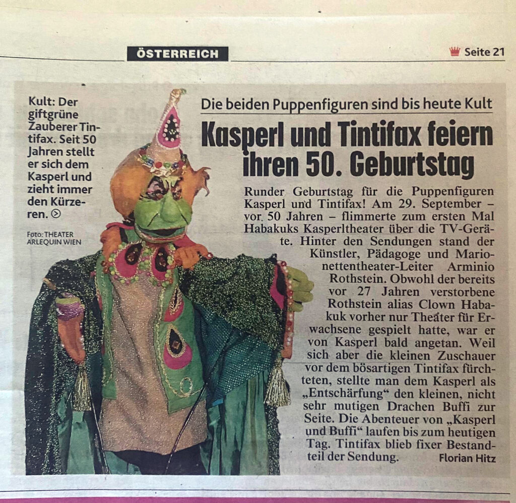 Kasperl und Tintifax feiert ihren 50. Geburtstag. Kronen Zeitung, 8.9.2021