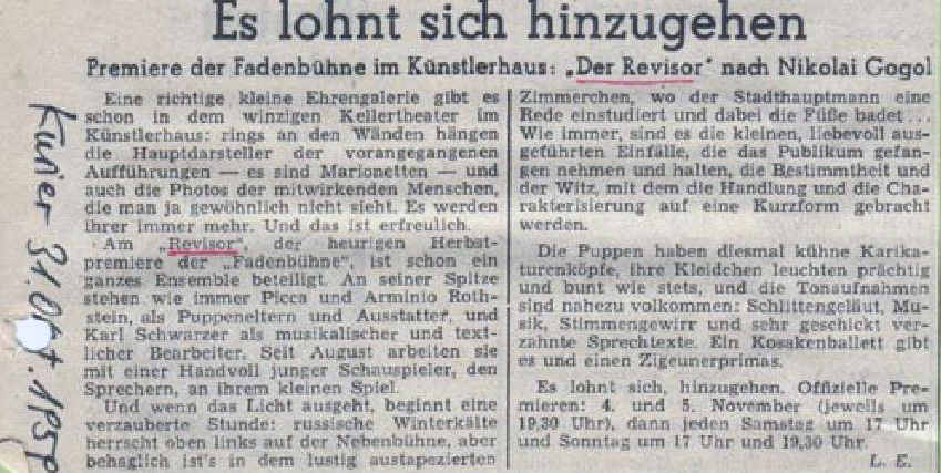 Die Fadenbühne im Künstlerhaus, "Der Revisor" nach Nikolai Gogol, Kritik Kurier 1959