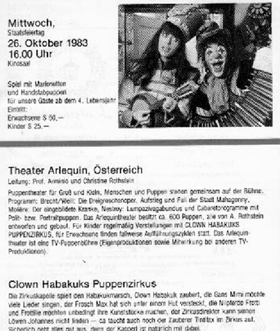 Ankündigung "Clown Habakuks Puppenzirkus" 
im Bild Christine Rothstein und Arminio Rothstein 
als Clown Habakuk